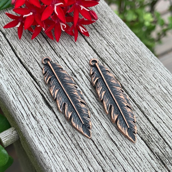 Antique Copper Feather Component - Necklace or Earring Finding - 1 Pair - DIY Gypsy Soul