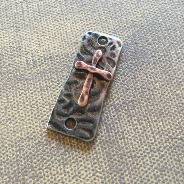 Hammered Cross Bracelet or Necklace Connector - DIY - Destash - Metal Cuff Plate - Copper Cross on Gun Metal