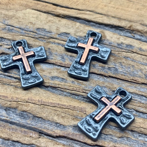 Hammered Mixed Metal Cross Charm - DIY Jewelry - Copper on Gun Metal - Jewelry Findings and Supplies