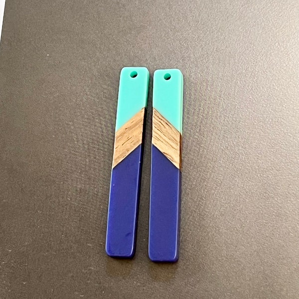 Resin and Walnut Wood Rectangle Charms or Pendants in Turquoise and Blue - Findings and Supplies - DIY - 2 Pieces