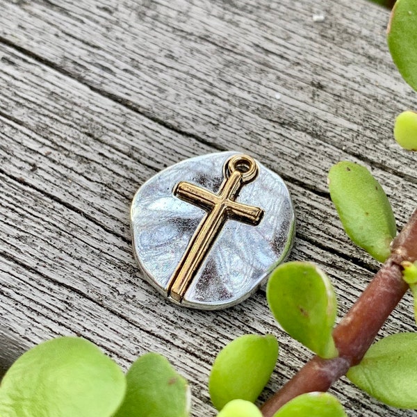 Mixed Metal Cross Charm - DIY Jewelry - Gold on Shiny Silver - Jewelry Findings and Supplies