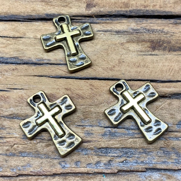 Hammered Mixed Metal Cross Charm - DIY Jewelry - Gold on Antique Bronze - Jewelry Findings and Supplies