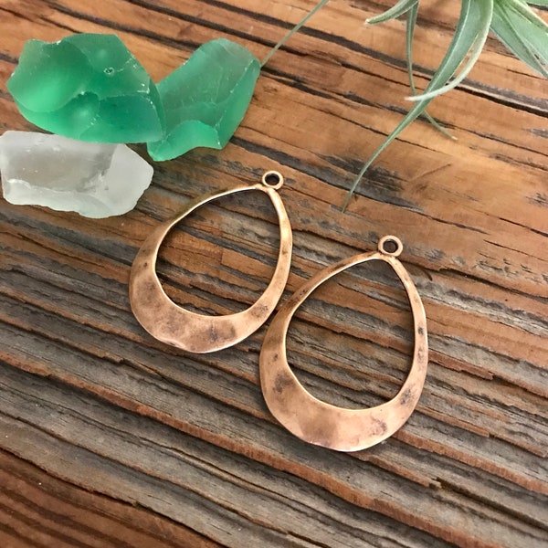 DIY Hammered Antique Copper Earring Components - One Pair - Jewelry Finding - Oval Hoop Findings