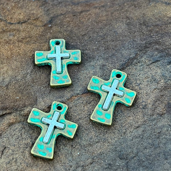 Mixed Metal Cross Charm: Patina Bronze & Silver DIY Jewelry (15x18mm)