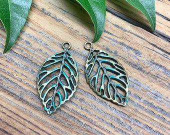 DIY Jewelry - Pair of Hand-Painted Bronze Patina Leaves - Jewelry Findings and Supplies - Components