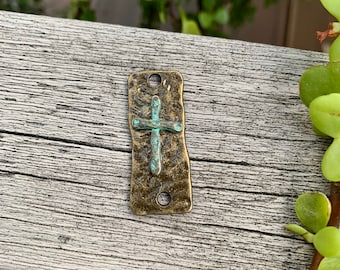 Bracelet or Necklace Connector - Patina Cross on Hammered Bronze - DIY - Supplies and Components