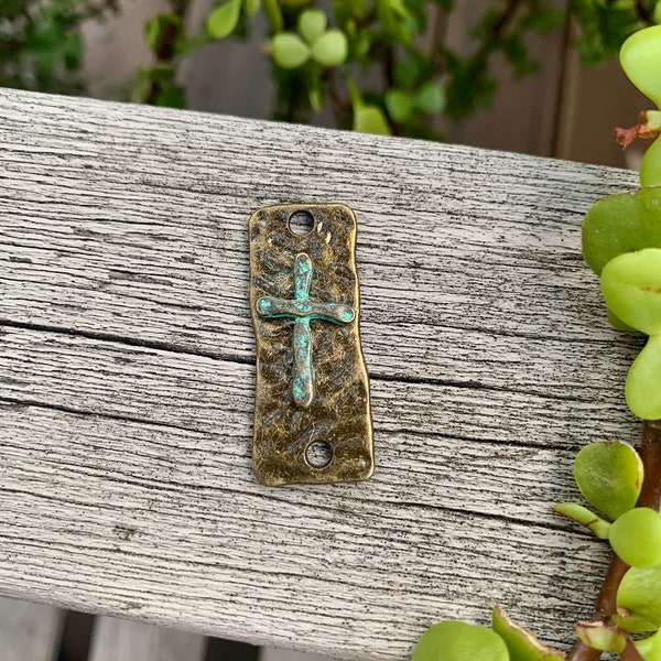 Bracelet or Necklace Connector - Patina Cross on Hammered Bronze - DIY - Supplies and Components