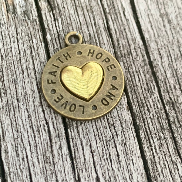 Mixed Metal Inspiration Charm - Faith Hope and Love - DIY Jewelry - Gold on Bronze - Jewelry Findings and Supplies