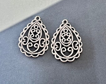 Antique Silver Filigree Charms: Teardrop Pendants, DIY Jewelry (2 Pieces)