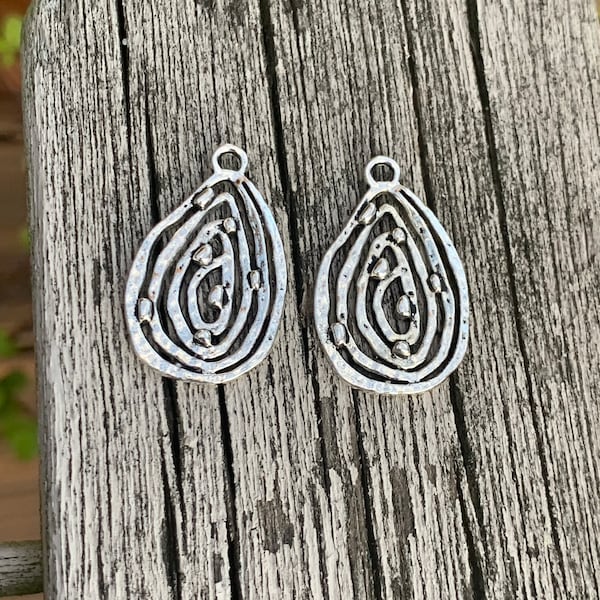 Antique Silver Spiral Teardrop Charms or Pendants - One Pair - DIY Jewelry Finding - Oval Findings