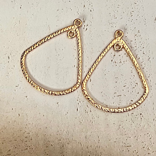 DIY Hammered Gold Tone Earring Components - One Pair - Jewelry Finding - Teardrop Hoop Findings