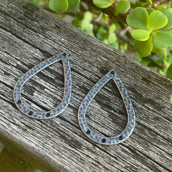 Textured Gun Metal Earring Connector Components  - One Pair - Jewelry Finding - Tear Drop Hoop Findings