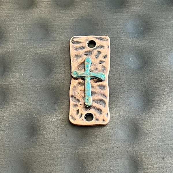 Hammered Cross Bracelet or Necklace Connector - DIY - Destash - Metal Cuff Plate - Patina Cross on Copper