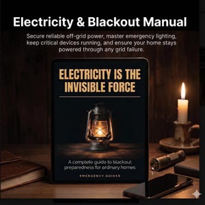 May include: An image of a tablet displaying a book cover with the title "Electricity is the Invisible Force" and a vintage lantern illustration. The text reads "Electricity & Blackout Manual" and "A complete guide to blackout preparedness for ordinary homes". A lit candle, flashlight, and smartphone are also visible.