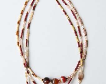 Conjunto de 3 collares superpuestos / Ágata cornalina, perlas, cuentas de vidrio