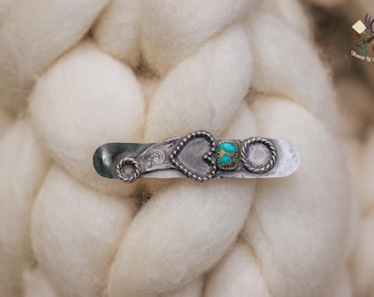 Handcrafted and Hand Engraved Cheek Bit Hair Barrette with Genuine Turquoise