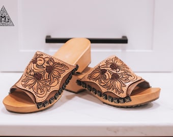 Women's wooden sole clog sandals with tooled leather Size EU 38 US 7.5 or 8