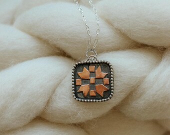 Sterling Silver and Copper Patchwork Pendant Necklace