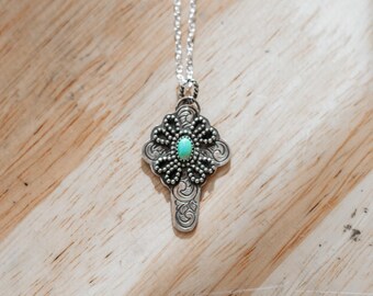 Genuine Turquoise, Sterling Silver with Hand Engraving Cross Pendant