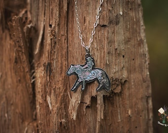 Hand Engraved Sterling Silver Cowgirl Riding Horse