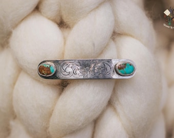 Handcrafted and Hand Engraved Hair Barrette with Genuine Turquoise