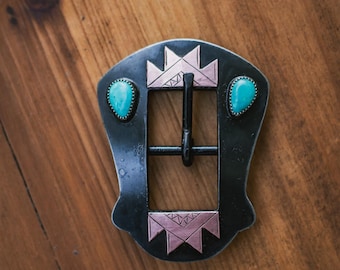 Hand Engraved 3/4" Steel Buckle with Genuine Turquoise, Sterling Silver and Copper accents