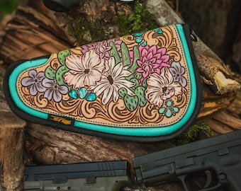 Pistol Holster Pouch with Hand Tooled Leather