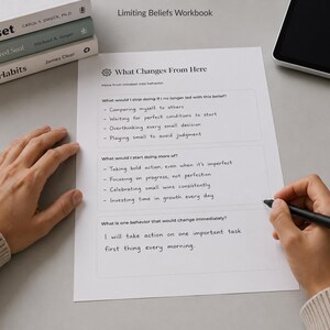 May include: A white Limiting Beliefs Workbook page with black text featuring sections titled What Changes From Here, What would I stop doing if I no longer led with this belief, What would I start doing more of, and What is one behaviour that would change immediately.