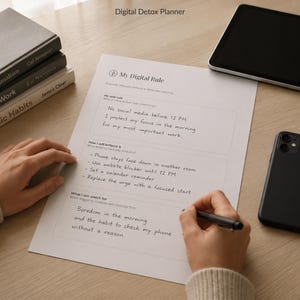May include: A white Digital Detox Planner sheet with black text titled My Digital Rule. The form includes sections for My one rule, How I will enforce it, and What I will watch for, with handwritten notes about social media and phone habits.