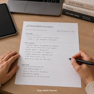 Könnte beinhalten: Ein weißes Deep Work Execution Planungsblatt mit schwarzem Text und Linien. Das Dokument enthält Abschnitte für Current part, Work in progress und Next move, mit handschriftlichen Notizen zu Produktivitätsaufgaben und dem Datum 18. Mai 2024.