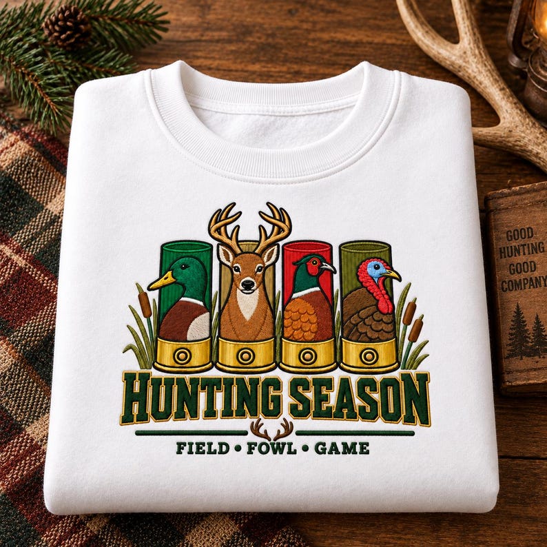 May include: A white crewneck sweatshirt featuring a graphic of four shotgun shells containing a mallard, a deer, a pheasant, and a turkey. Below the shells, the text reads "HUNTING SEASON" in large letters and "FIELD &bull; FOWL &bull; GAME" in smaller text.