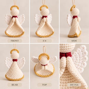 May include: A crochet angel ornament featuring a cream-colored body, white wings, a red collar, and a gold halo. The ornament includes a hanging loop and is shown from multiple angles including front, side, rear, top, and a close-up detail view.