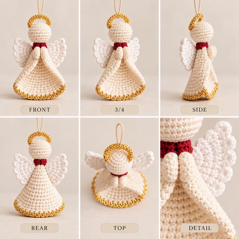May include: A crochet angel ornament featuring a cream-colored body, white wings, a red collar, and a gold halo. The ornament includes a hanging loop and is shown from multiple angles including front, side, rear, top, and a close-up detail view.