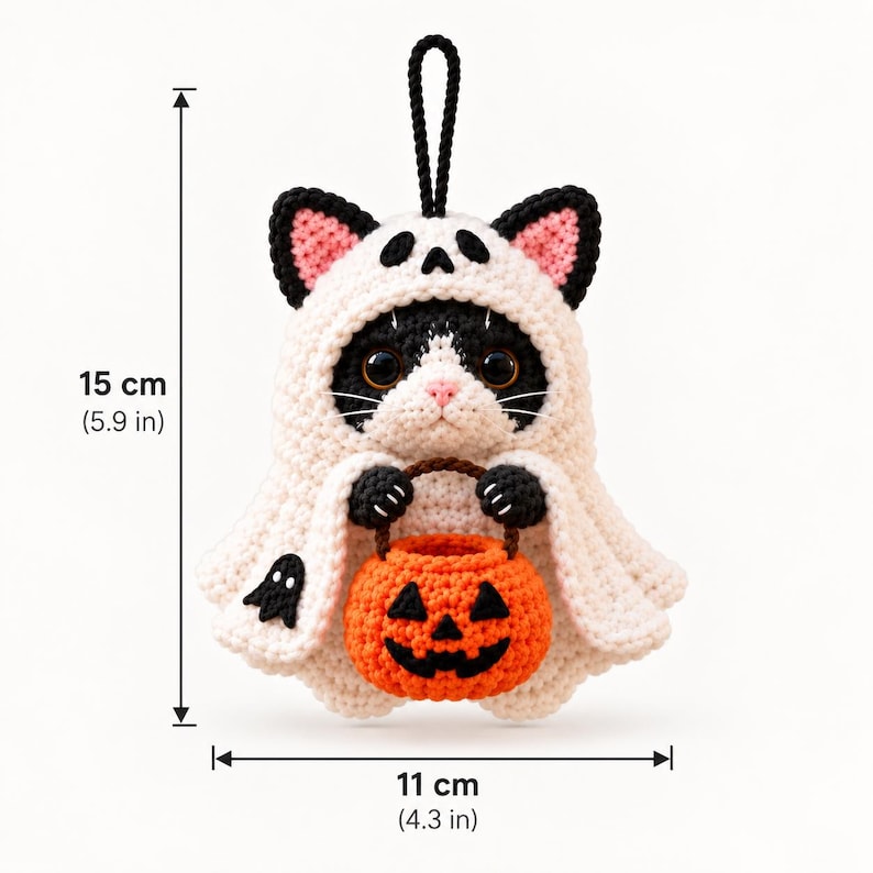 May include: A crocheted black and white cat wearing a white ghost costume with a black hood, holding an orange jack-o'-lantern bucket. The item measures 5.9 inches in height and 4.3 inches in width, featuring a black hanging loop at the top.