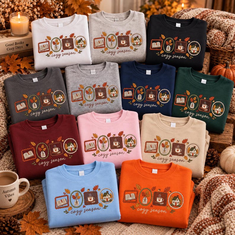 May include: A collection of crewneck sweatshirts in various colors, each featuring a graphic print of four framed autumn-themed illustrations including a book, a vase of leaves, a coffee mug, and a house, with the text cozy season below.