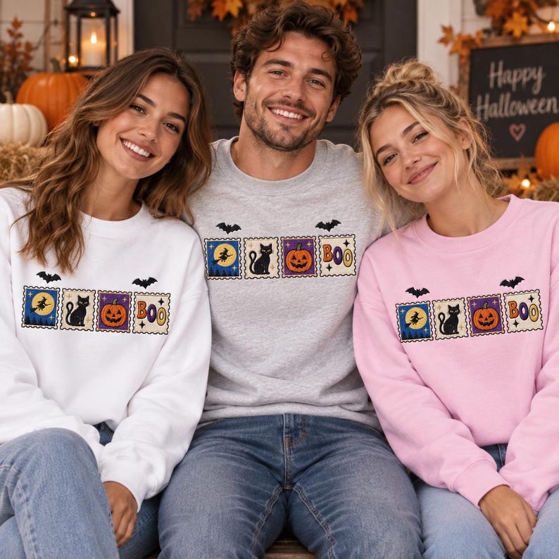 May include: Three crewneck sweatshirts in white, light gray, and light pink, each featuring a horizontal row of four square postage-stamp style graphics depicting a witch on a broom, a black cat, a jack-o'-lantern, and the text BOO.
