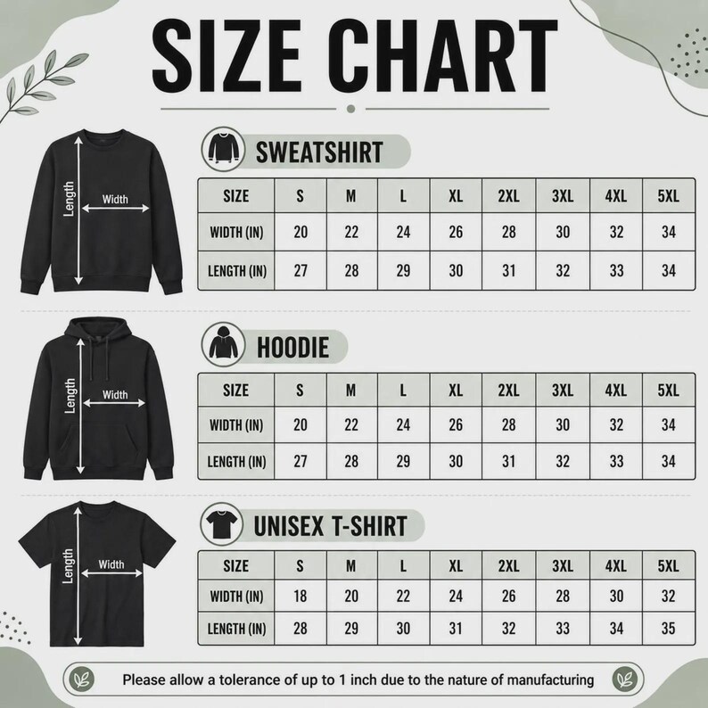 May include: A size chart graphic featuring black silhouettes of a sweatshirt, hoodie, and t-shirt with corresponding measurement tables in inches for sizes S through 5XL. The text includes 'SIZE CHART', 'SWEATSHIRT', 'HOODIE', 'UNISEX T-SHIRT', and a manufacturing tolerance note.