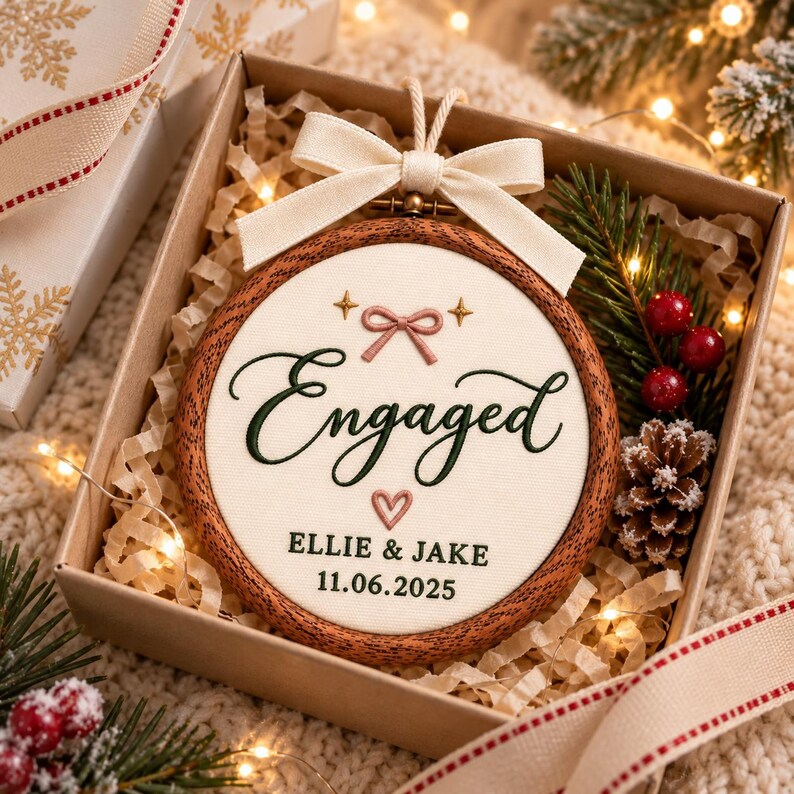 May include: A round wooden embroidery hoop ornament featuring cream fabric with the embroidered text Engaged, a pink bow, a small heart, and the names Ellie & Jake with the date 11.06.2025. The hoop is topped with a cream ribbon bow.