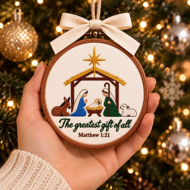 May include: A circular wooden embroidery hoop ornament featuring a nativity scene with Mary, Joseph, and the infant Jesus in a manger under a gold star. The text reads The greatest gift of all and Matthew 1:21. A cream ribbon bow is at the top.