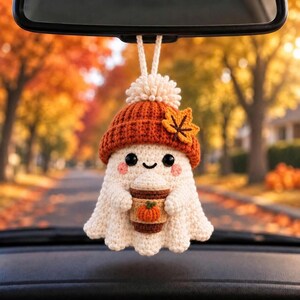 Crochet Halloween Car Charm Rearview Mirror Hanger Cute Ghost Car Decor Amigurumi Ornament Spooky Gift For Driver Fall Accessory image 1