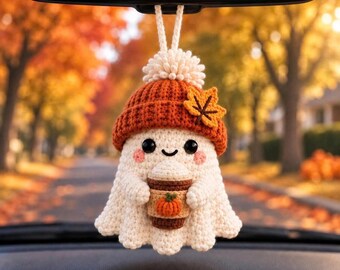 Crochet Halloween Car Charm Rearview Mirror Hanger Cute Ghost Car Decor Amigurumi Ornament Spooky Gift For Driver Fall Accessory