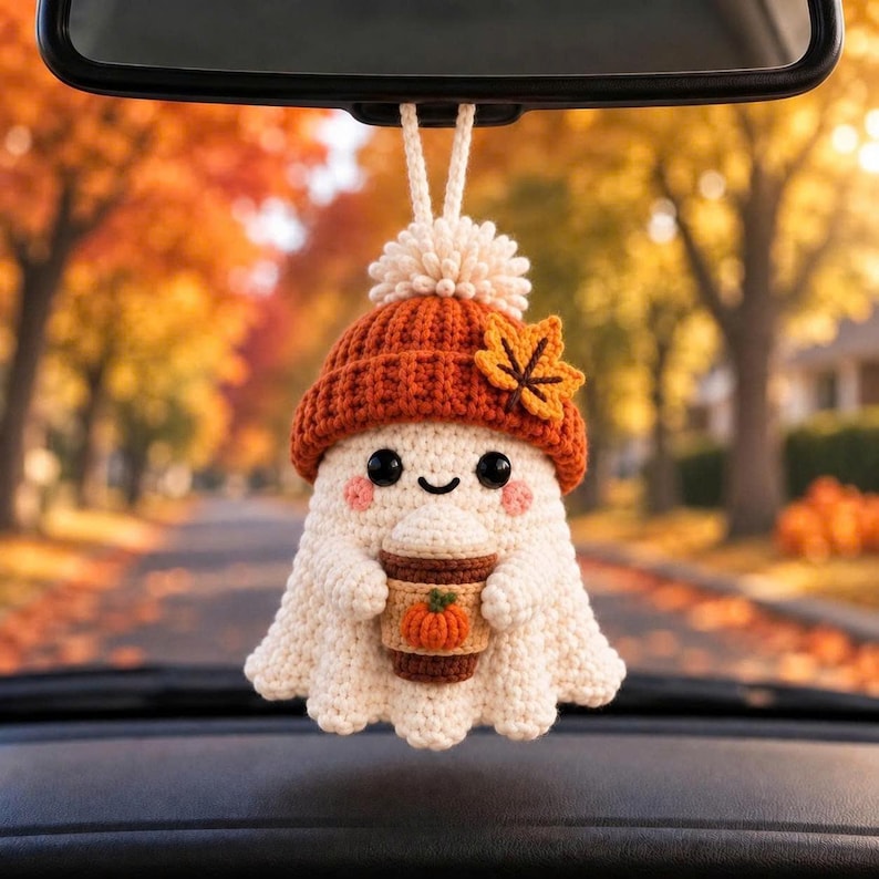 Crochet Halloween Car Charm Rearview Mirror Hanger Cute Ghost Car Decor Amigurumi Ornament Spooky Gift For Driver Fall Accessory image 1
