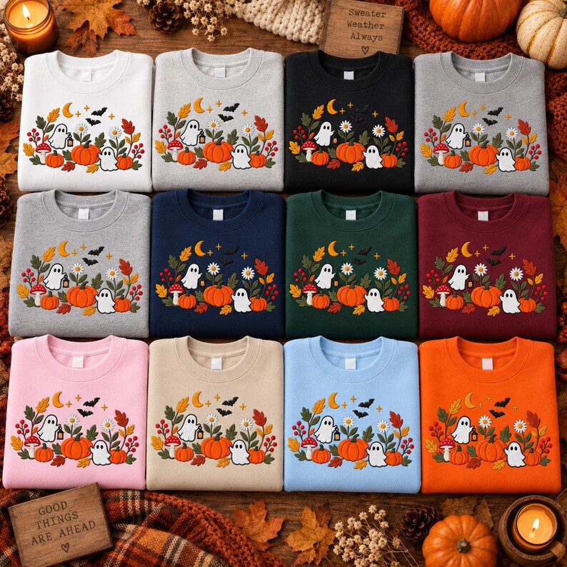 May include: A collection of twelve crewneck sweatshirts in various colors, each featuring a central graphic of ghosts, pumpkins, mushrooms, autumn leaves, flowers, stars, and bats. The sweatshirts are arranged in a grid on a wooden surface.
