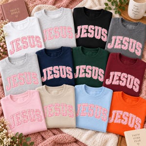 May include: A collection of twelve crewneck sweatshirts in various colors including white, gray, black, navy, dark green, maroon, pink, beige, light blue, and orange. Each sweatshirt features the word JESUS in pink and white gingham letters.
