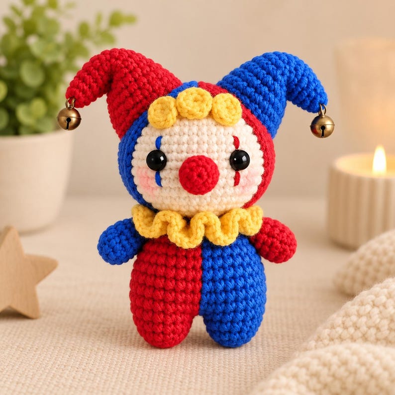 May include: A crocheted clown doll featuring a two-toned red and blue hat with small metallic bells at the tips. The doll has a cream-colored face, a red nose, black eyes, blue tear-drop markings, and a yellow ruffled collar around its neck.