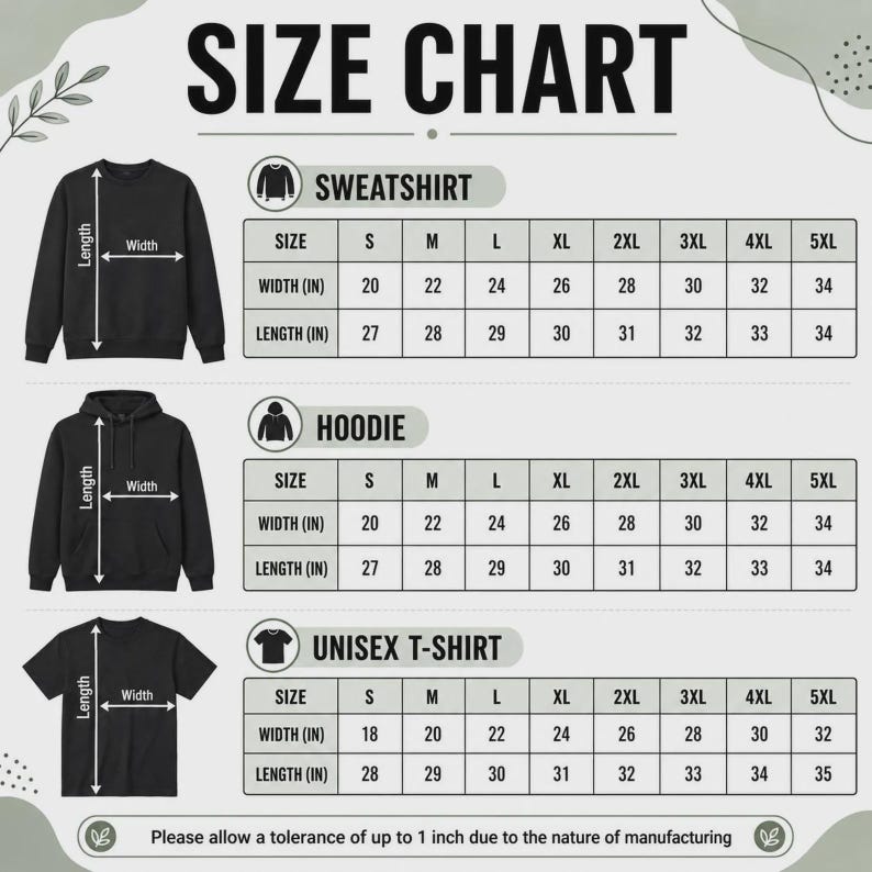 May include: A size chart graphic featuring black silhouettes of a sweatshirt, hoodie, and t-shirt with corresponding measurement tables in inches for sizes S through 5XL. The text includes 'SIZE CHART', 'SWEATSHIRT', 'HOODIE', 'UNISEX T-SHIRT', and a manufacturing tolerance note.