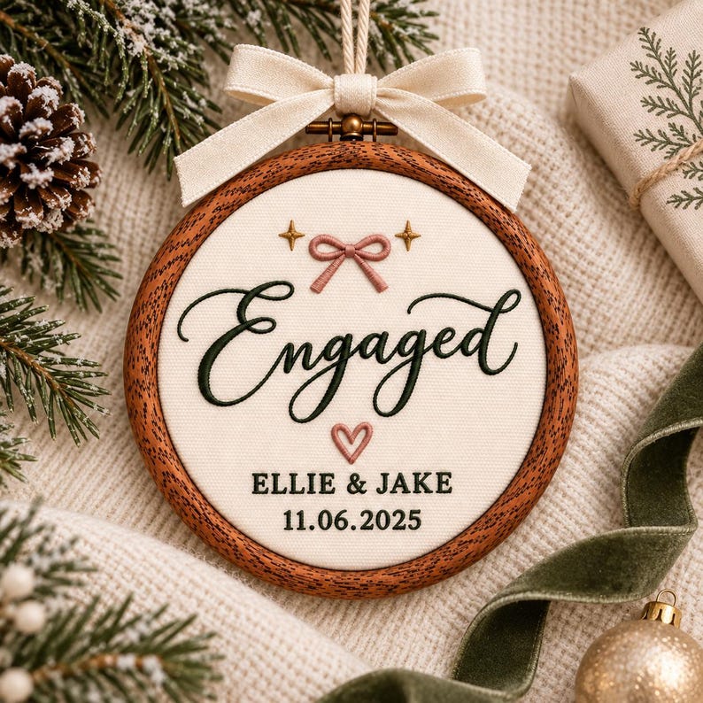 May include: A round wooden embroidery hoop ornament featuring cream fabric with black embroidered text reading Engaged, Ellie & Jake, and 11.06.2025. The design includes a pink embroidered bow, a small heart, and two gold stars, topped with a cream ribbon.
