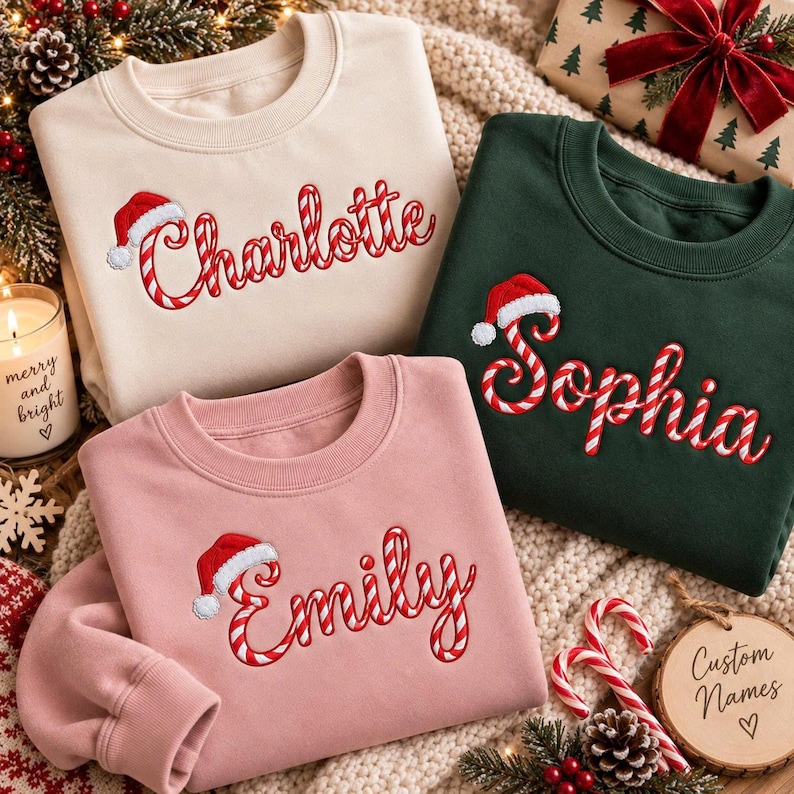 May include: Three crewneck sweatshirts in cream, dark green, and dusty pink. Each features embroidered names Charlotte, Sophia, and Emily in a red and white candy cane pattern, with a small red and white Santa hat perched on the first letter.