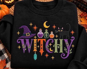 Embroidered Witchy Halloween Sweatshirt, Black Cat Poison And Moon Witch Costume, Spooky Season Spooky Crewneck Gift
