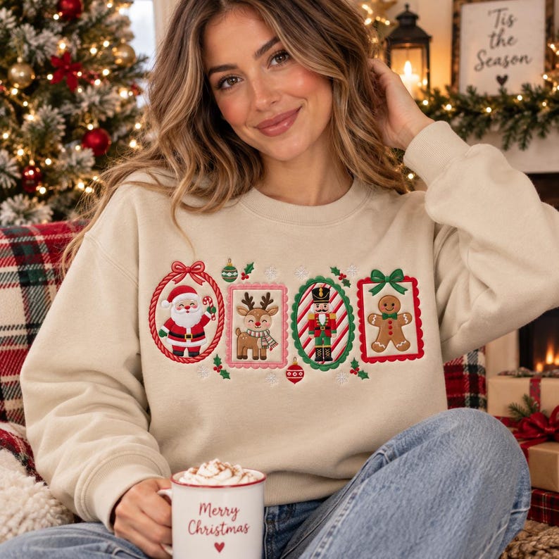 May include: A beige crewneck sweatshirt featuring an embroidered design of four rectangular frames containing a Santa Claus, a reindeer, a nutcracker, and a gingerbread man, accented with small holly leaves and red and green ornaments.